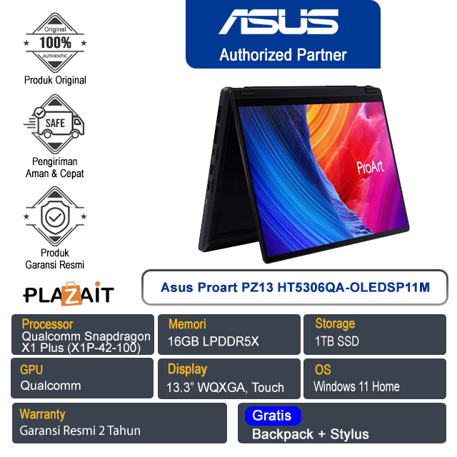 Asus ProArt PZ13 HT5306QA-OLEDSP11M /Qualcomm Snapdragon X1 Plus (X1P-42-100)/16GB/1TB SSD/Qualcomm UMA/13.3" WQXGA Touch/Win 11 Home/Mineral Black/2Y