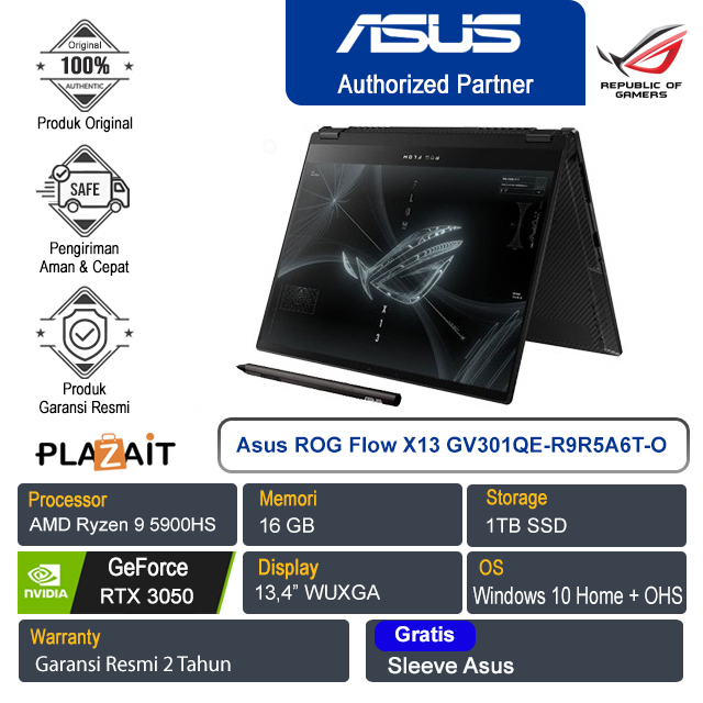 Asus ROG Flow X13 GV301QE-R9R5A6T-O /AMD Ryzen9-5900HS/16GB/1TB SSD/VGA 4GB/13.4-inch/Win 10 Home + OHS 2019/Black