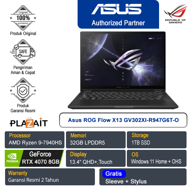 Asus ROG Flow X13 GV302XI-R947G6T-O /AMD Ryzen 9-7940HS/32GB/1TB SSD/NVIDIA GeForce RTX 4070 8GB/13.4″ QHD+ Touch/Win 11 Home+OHS 2021/Off Black/2Y