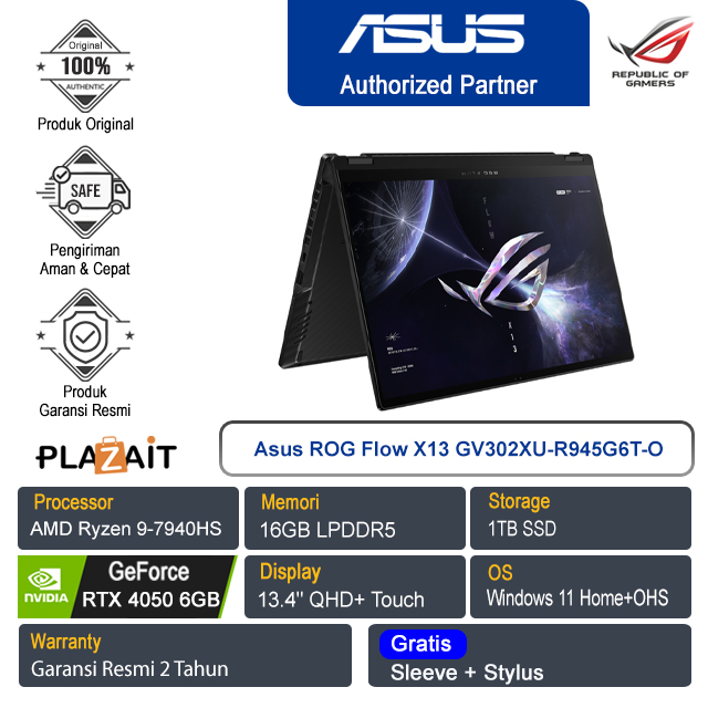 Asus ROG Flow X13 GV302XU-R945G6T-O/AMD Ryzen 9-7940HS/16GB/1TB SSD/NVIDIA GeForce RTX 40506GB/13.4″ QHD+ Touch/Win 11 Home+OHS 2021/Off Black/2Y