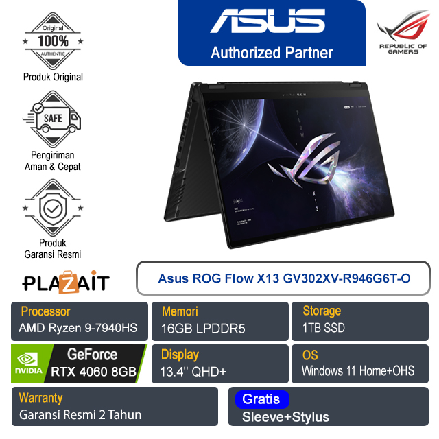 Asus ROG Flow X13 GV302XV-R946G6T-O/AMD Ryzen 9-7940HS/16GB/1TB SSD/NVIDIA GeForce RTX 4060 8GB/13.4″ QHD+ Touch/Win 11 Home+OHS/Off Black/2Y