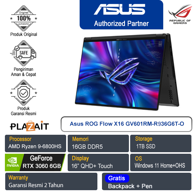 Asus ROG Flow X16 GV601RM-R936G6T-O/AMD Ryzen 9-6900HS/16GB/1TB SSD/Nvidia GeForce RTX 3060 6GB/16" QHD+ Touch/Win 11 Home+OHS/Off Black/2Y