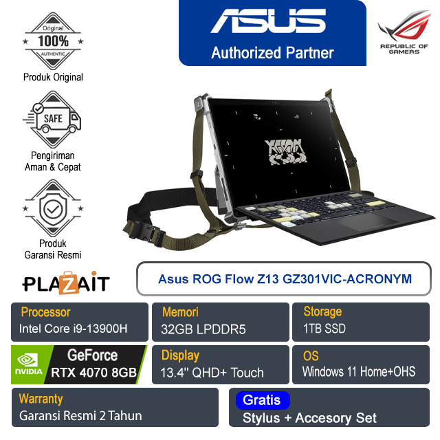 Asus ROG Flow Z13 GZ301VIC-ACRONYM/Intel Core i9-13900H/32GB/1TB SSD/NVIDIA GeForce RTX 4070 8GB/13.4″ QHD+ Touch/Win 11 Home+OHS 2021/Acronym/2Y