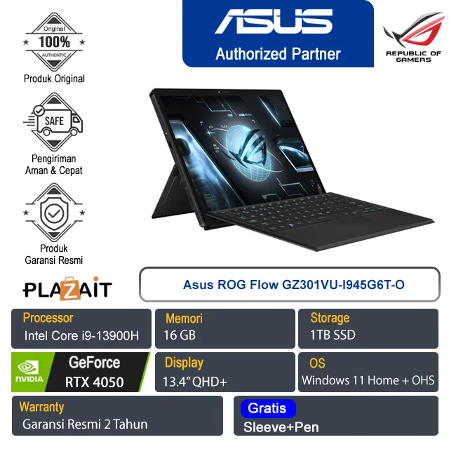 Asus ROG Flow Z13 GZ301VU-I945G6T-O/Core i9-13900H /Intel Core i9-13900H/16GB/1TB SSD/NVIDIA GeForce RTX4050 6GB/13.4 QHD+Touch/Win 11+OHS 2021/Black/2Y