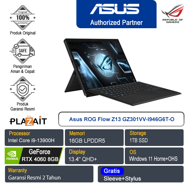 Asus ROG Flow Z13 GZ301VV-I946G6T-O/Intel Core i9-13900H/16GB/1TB SSD/RTX4060 8GB/13.4″ QHD+ Touch/Win 11 Home+OHS/Black/2Y