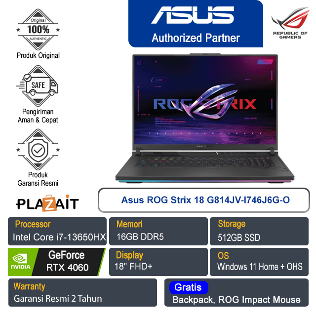 Asus ROG Strix 18 G814JV-I746J6G-O/Core i7-13650HX/16GB/512GB SSD/NVIDIA GeForce RTX 4060/18″ FHD+/Win 11 Home+OHS 2021/Eclipse Gray/2Y