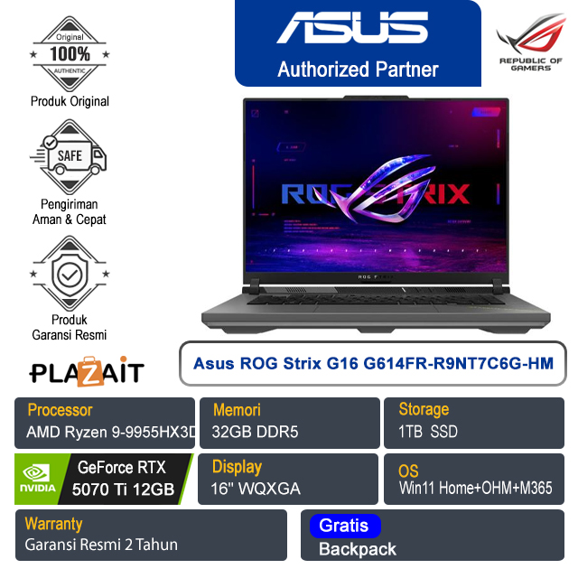 Asus ROG Strix G16 G614FR-R9NT7C6G-HM /AMD Ryzen 9-9955HX3D/32GB/1TB SSD/NVIDIA GeForce RTX 5070 Ti 12GB/16″ WQXGA/Win 11 Home+OHM+M365/Eclipse Gray/2Y
