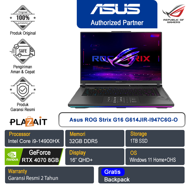 Asus ROG Strix G16 G614JIR-I947C6G-O /Intel Core i9-14900HX/32GB/1TB SSD/NVIDIA GeForce RTX 4070 8GB/16" QHD+/Win 11 Home+OHS 2021/Eclipse Gray/2Y