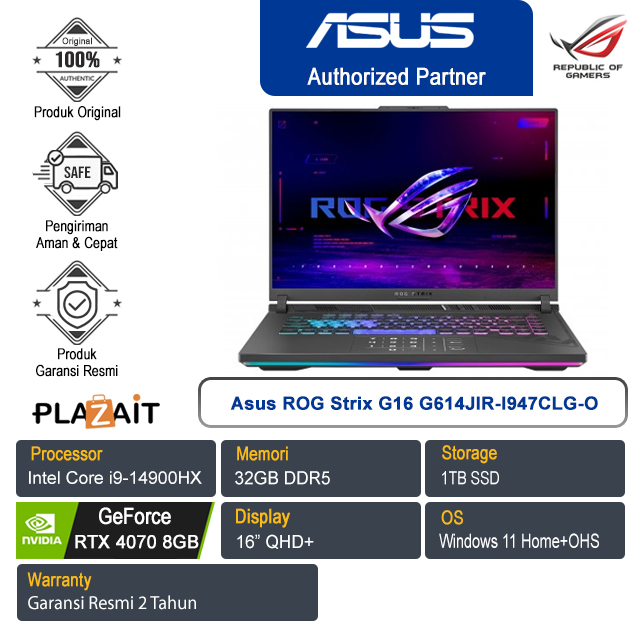 Asus ROG Strix G16 G614JIR-I947CLG-O /Intel Core i9-14900HX/32GB/1TB SSD/NVIDIA GeForce RTX 4070 8GB/16" QHD+/Win 11 Home+OHS /Eclipse Gray/2Y