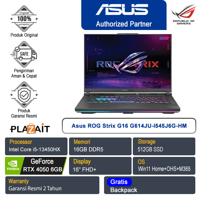 Asus ROG Strix G16 G614JU-I545J6G-HM /Intel Core i5-13450HX/16GB/512GB SSD/NVIDIA GeForce RTX 4050 6GB /16" FHD+/Win 11 Home+OHS+M365/Eclipse Gray/2Y