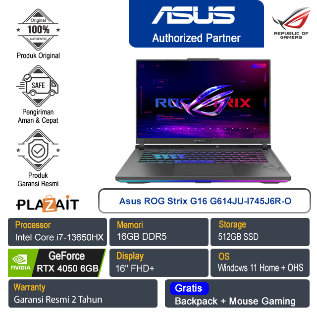 Asus ROG Strix G16 G614JU-I745J6R-O/Intel Core i7-13650HX/16GB/512GB SSD/NVIDIA GeForce RTX 40506GB/16″ FHD+/Win 11 Home+OHS 2021/Volt Green/2Y