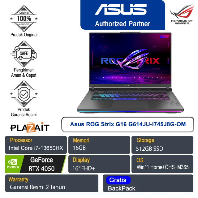 Asus ROG Strix G16 G614JU-I745J8G-OM /Intel Core i7-13650HX/16GB/512GB SSD/NVIDIA GeForce RTX 4050 6GB/16″ FHD/Win 11 Home+OHS+M365/Eclipse Gray/2Y