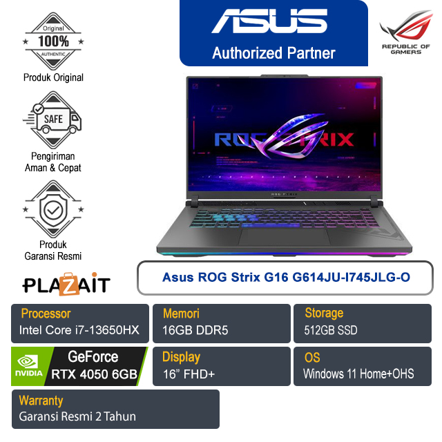 Asus ROG Strix G16 G614JU-I745JLG-O /Intel Core i7-13650HX/16GB/512GB SSD/NVIDIA GeForce RTX 4050 6GB/16" FHD+/Win 11 Home+OHS 2021/Eclipse Gray/2Y