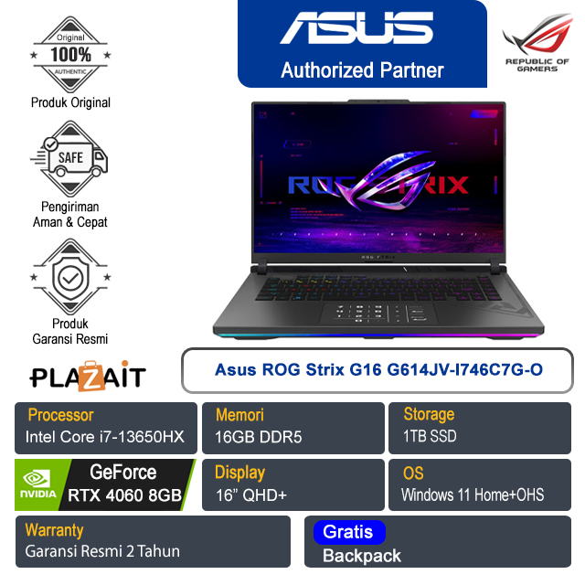Asus ROG Strix G16 G614JV-I746C7G-O /Intel Core i7-13650HX/16GB/1TB SSD/NVIDIA GeForce RTX 4060 8GB/16" QHD+/Win 11 Home+OHS 2021/Eclipse Gray/2Y