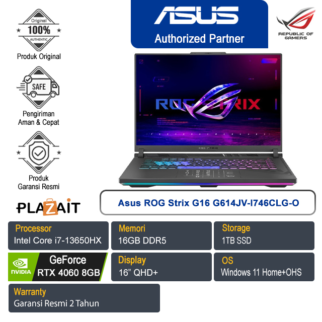 Asus ROG Strix G16 G614JV-I746CLG-O /Intel Core i7-13650HX/16GB/1TB SSD/NVIDIA GeForce RTX 4060 8GB/16" QHD+/Win 11 Home+OHS 2021/Eclipse Gray/2Y