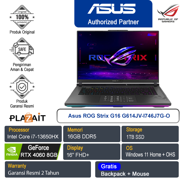 Asus ROG Strix G16 G614JV-I746J7G-O/Intel Core i7-13650HX/16GB/1TB SSD/NVIDIA GeForce RTX 4060 8GB/16" FHD+/Win 11 Home+OHS/Eclipse Gray/2Y