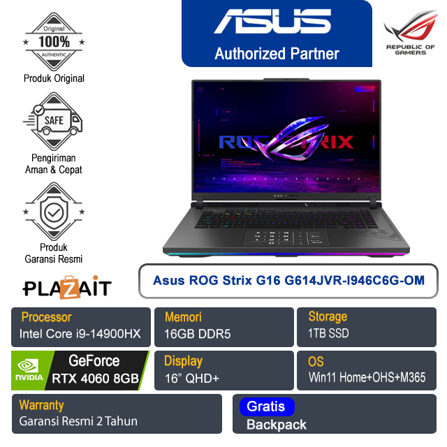Asus ROG Strix G16 G614JVR-I946C6G-OM /Intel Core i9-14900HX/16GB/1TB SSD/NVIDIA GeForce RTX 4060 8GB/16" QHD+/Win 11 Home+OHS+M365/Eclipse Gray/2Y