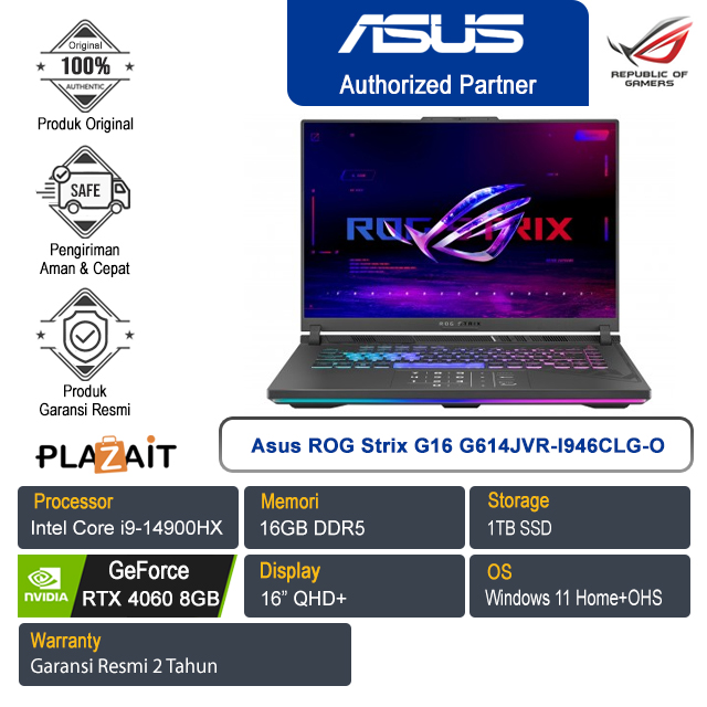 Asus ROG Strix G16 G614JVR-I946CLG-O /Intel Core i9-14900HX/16GB/1TB SSD/NVIDIA GeForce RTX 4060 8GB/16" QHD+/Win 11 Home+OHS 2021/Eclipse Gray/2Y