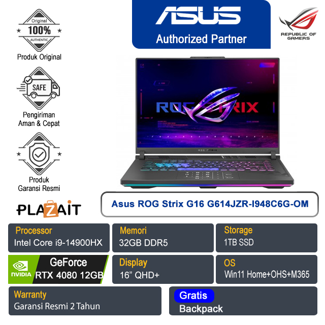Asus ROG Strix G16 G614JZR-I948C6G-OM /Intel Core i9-14900HX/32GB/1TB SSD/NVIDIA GeForce RTX 4080 12GB/16" QHD+/Win 11 Home+OHS+M365/Eclipse Gray/2Y