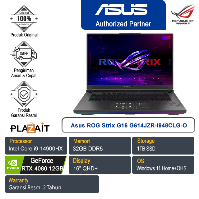 Asus ROG Strix G16 G614JZR-I948CLG-O /Intel Core i9-14900HX/32GB/1TB SSD/NVIDIA GeForce RTX 4080 12GB/16" QHD+/Win 11 Home+OHS /Eclipse Gray/2Y