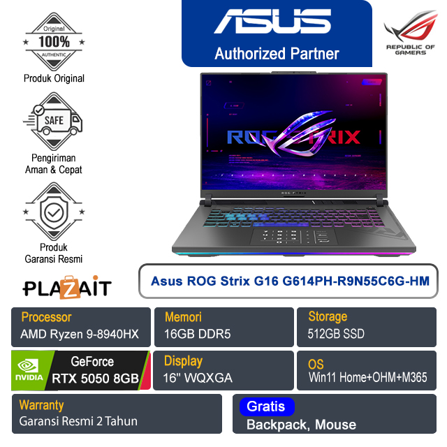Asus ROG Strix G16 G614PH-R9N55C6G-HM /AMD Ryzen 9-8940HX/16GB/512GB SSD/NVIDIA GeForce RTX 5050 8GB/16" WQXGA/Win 11 Home+OHM+M365/Eclipse Grey/2Y