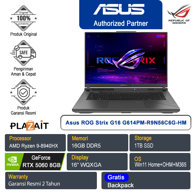 Asus ROG Strix G16 G614PM-R9N56C6G-HM /AMD Ryzen 9-8940HX/16GB/1TB SSD/NVIDIA GeForce RTX 5060 8GB/16″ WQXGA/Win 11 Home+OHM+M365/Eclipse Gray/2Y