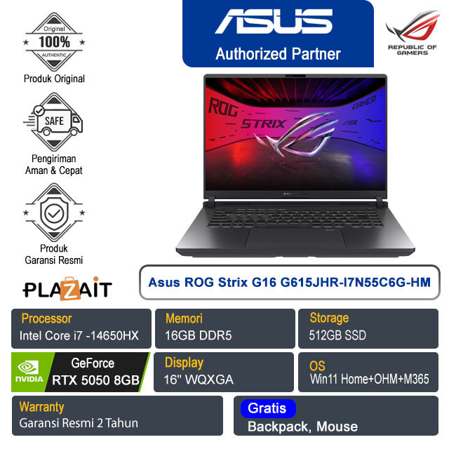Asus ROG Strix G16 G615JHR-I7N55C6G-HM /Intel Core i7-14650HX/16GB/512GB SSD/NVIDIA GeForce RTX 5050 8GB/16" WQXGA/Win 11 Home+OHM+M365/Eclipse Grey/2Y