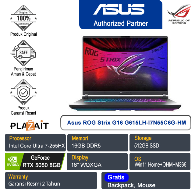 Asus ROG Strix G16 G615LH-I7N55C6G-HM /Intel Core Ultra 7-255HX/16GB/512GB SSD/NVIDIA GeForce RTX 5050 8GB/16" WQXGA/Win 11 Home+OHM+M365/Eclipse Grey/2Y