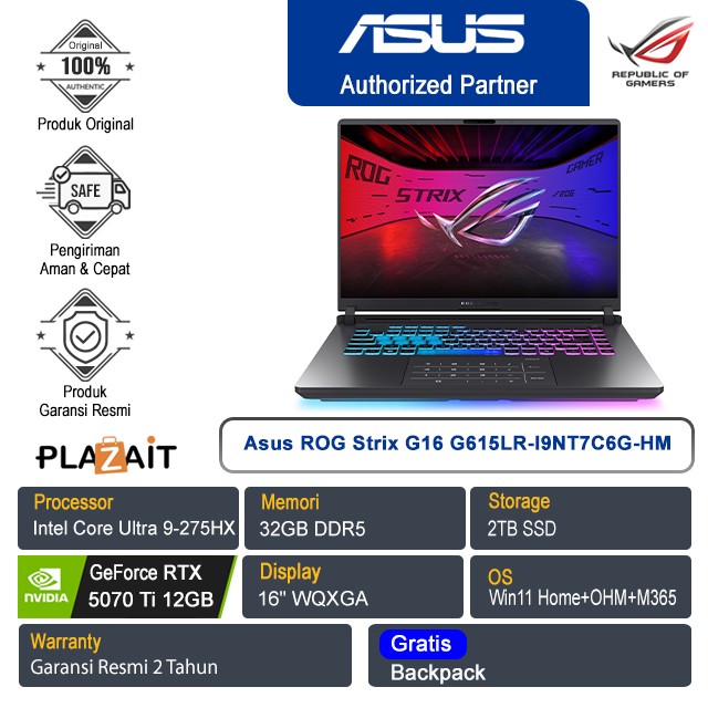 Asus ROG Strix G16 G615LR-I9NT7C6G-HM /Intel Core Ultra 9-275HX/32GB/2TB SSD/NVIDIA GeForce RTX 5070 Ti 12GB/16″ WQXGA/Win 11 Home+OHM+M365/Eclipse Gray/2Y