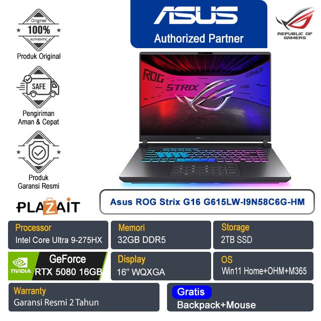 Asus ROG Strix G16 G615LW-I9N58C6G-HM /Intel Core Ultra 9-275HX/32GB/2TB SSD/NVIDIA GeForce RTX 5080 16GB/16"WQXGA/Win 11 Home+OHM+M365/Black/2Y