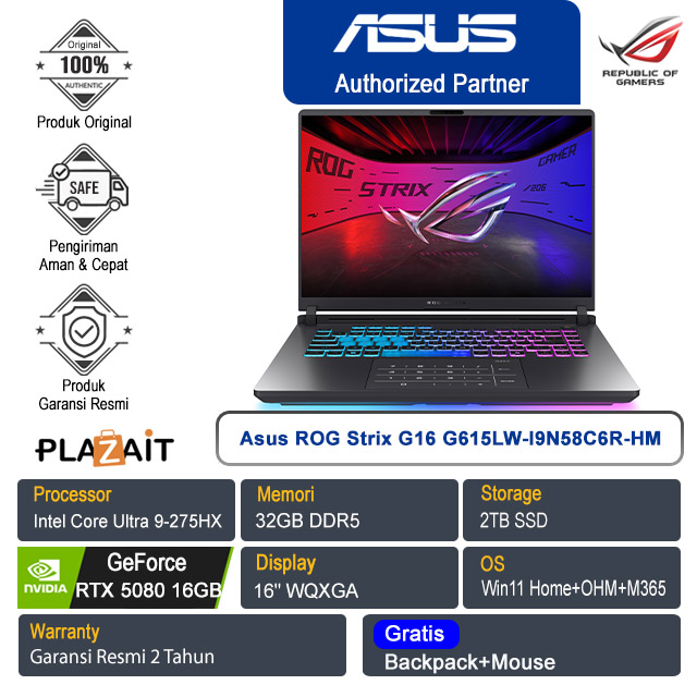 Asus ROG Strix G16 G615LW-I9N58C6R-HM /Intel Core Ultra 9-275HX/32GB/2TB SSD/NVIDIA GeForce RTX 5080 16GB/16"WQXGA/Win 11 Home+OHM+M365/Volt Green/2Y