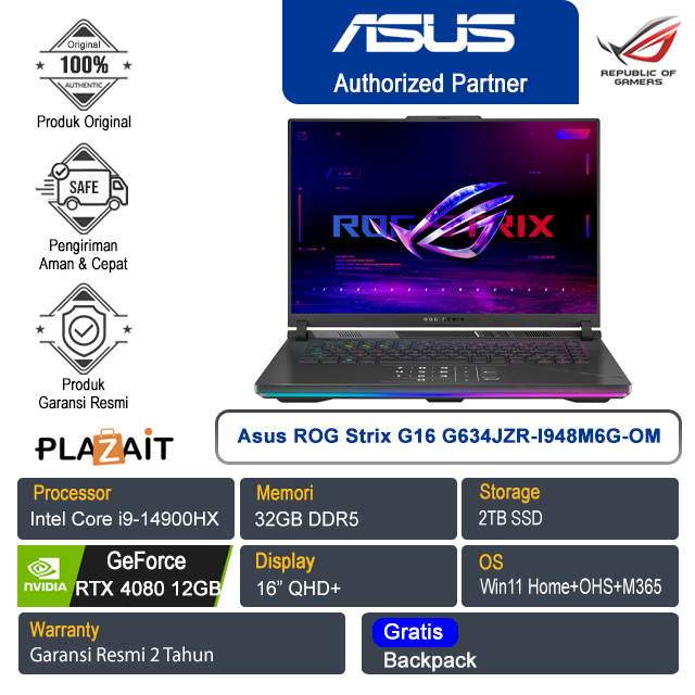 Asus ROG Strix G16 G634JZR-I948M6G-OM /Intel Core i9-14900HX/32GB/2TB SSD/NVIDIA GeForce RTX 4080 12GB/16" QHD+/Win 11 Home+OHS+M365/Off Black/2Y
