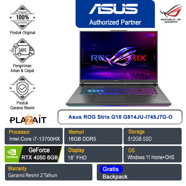 Asus ROG Strix G18 G814JU-I745J7G-O /Intel Core i7-13700HX/16GB/512GB SSD/NVIDIA GeForce RTX 4050 6GB/18″ FHD+/Win 11 Home+OHS 2021/Eclipse Gray/2Y