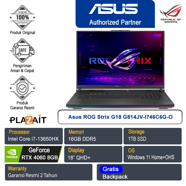 Asus ROG Strix G18 G814JV-I746C6G-O /Intel Core i7-13650HX/16GB/1TB SSD/NVIDIA GeForce RTX 4060 8GB/18″ QHD+/Win 11 Home+OHS 2021/Eclipse Gray/2Y
