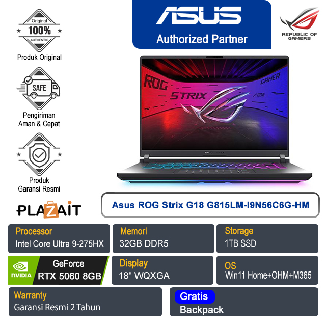 Asus ROG Strix G18 G815LM-I9N56C6G-HM /Intel Core Ultra 9-275HX/32GB/1TB SSD/NVIDIA GeForce RTX 5060 8GB/18″ WQXGA/Win 11 Home+OHM+M365/Eclipse Gray/2Y