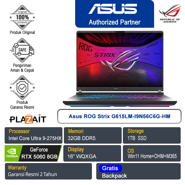 Asus ROG Strix G615LM-I9N56C6G-HM /Intel Core Ultra 9-275HX/32GB/1TB SSD/NVIDIA GeForce RTX 5060 8GB/16″ WQXGA/Win 11 Home+OHM+M365/Eclipse Gray/2Y
