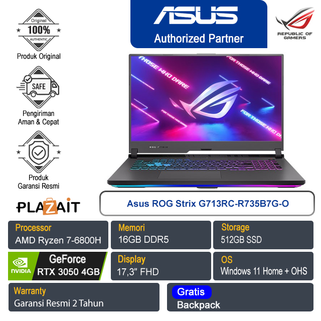 Asus ROG Strix G713RC-R735B7G-O/AMD Ryzen 7-6800H/16GB/512GB SSD/NVIDIA GeForce RTX 3050 4GB/17.3" FHD/Win11 Home+OHS/Eclipse Gray/2Y