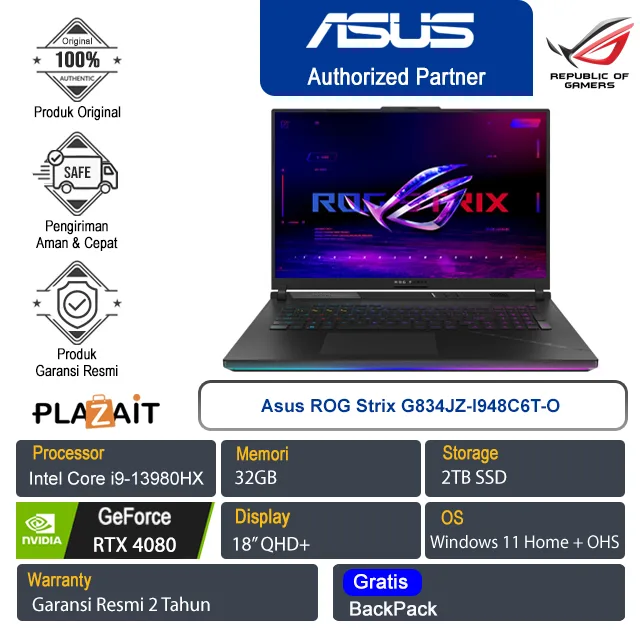 Asus ROG Strix G834JZ-I948C6T-O /Intel Core i9-13980HX/32GB/2TB SSD/NVIDIA GeForce RTX4080 12GB/18″ QHD+/Win 11+OHS 2021/Off Black/2Y