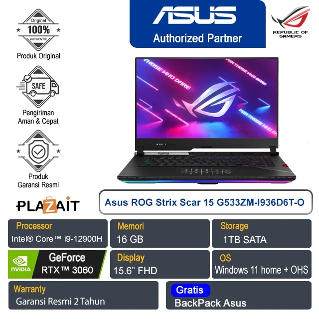 Asus ROG Strix Scar 15 G533ZM-I936D6T-O/Intel Core i9-12900H/16GB/1TB SSD/RTX 3060 6GB/15.6" FHD/Win 11 Home + OHS 2021/Off Black