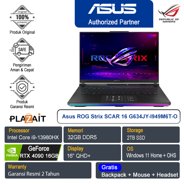 Asus ROG Strix SCAR 16 G634JY-I949M6T-O/Intel Core i9-13980HX/32GB/2TB SSD/NVIDIA GeForce RTX 4090 16GB/16″ QHD+/Win 11 Home+OHS/Off Black/2Y