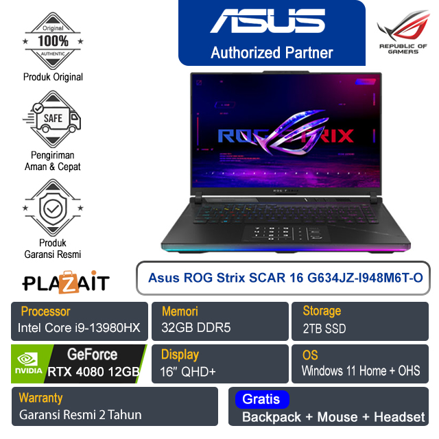 Asus ROG Strix SCAR 16 G634JZ-I948M6T-O/Intel Core i9-13980HX/32GB/2TB SSD/NVIDIA GeForce RTX 4080 12GB/16″ QHD+/Win 11 Home+OHS/Off Black/2Y