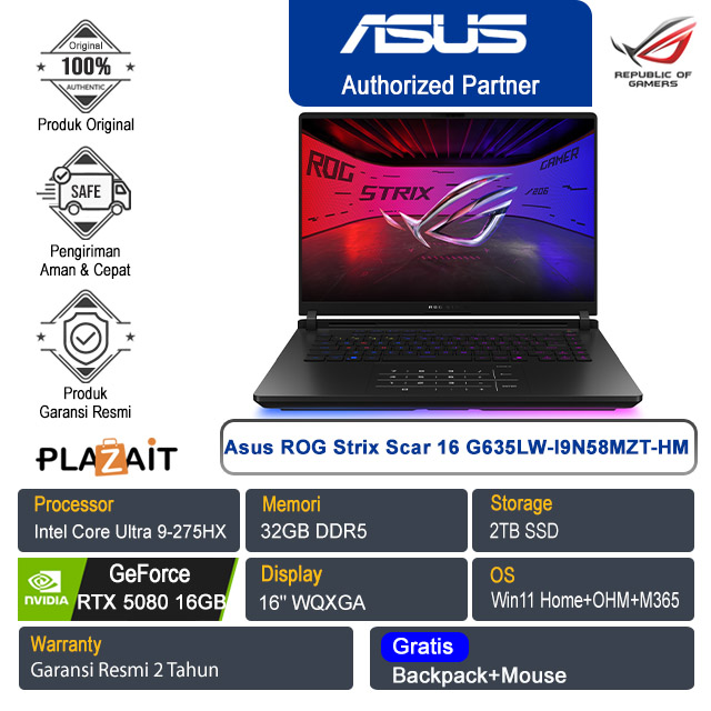 Asus ROG Strix Scar 16 G635LW-I9N58MZT-HM /Intel Core Ultra 9-275HX/32GB/2TB SSD/NVIDIA GeForce RTX 5080 16GB/16"WQXGA/Win 11 Home+OHM+M365/Off Black/2Y