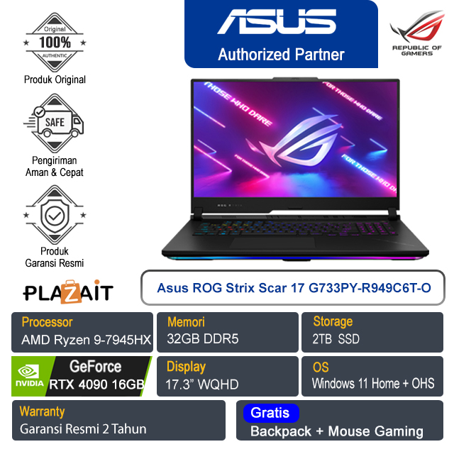 Asus ROG Strix Scar 17 G733PY-R949C6T-O/AMD Ryzen 9-7945HX/32GB/2TB SSD/NVIDIA GeForce RTX 4090 16GB/17.3″ WQHD/Win 11 Home+OHS 2021/Off Black/2Y