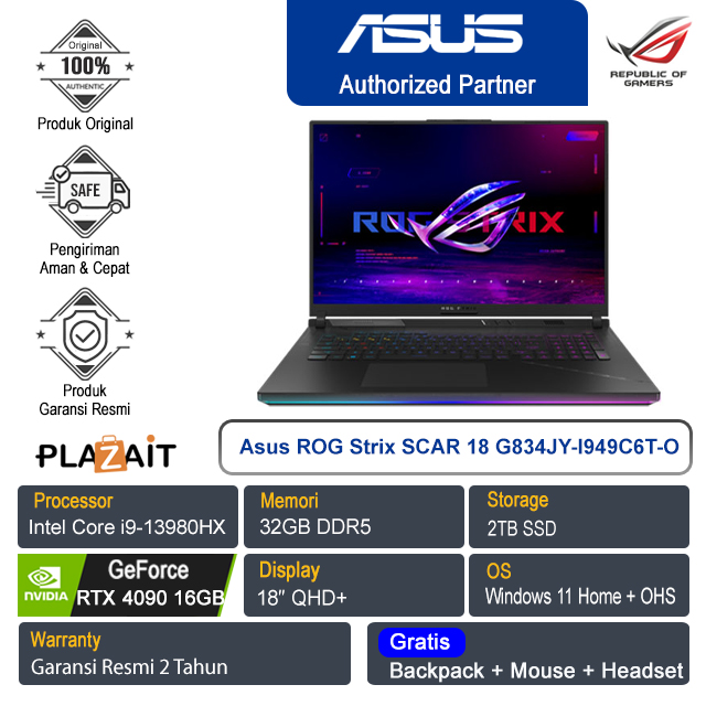 Asus ROG Strix SCAR 18 G834JY-I949C6T-O/Intel Core i9-13980HX/32GB/2TB SSD/NVIDIA GeForce RTX 4090 16GB/18″ QHD+/Win 11 Home+OHS/Off Black/2Y