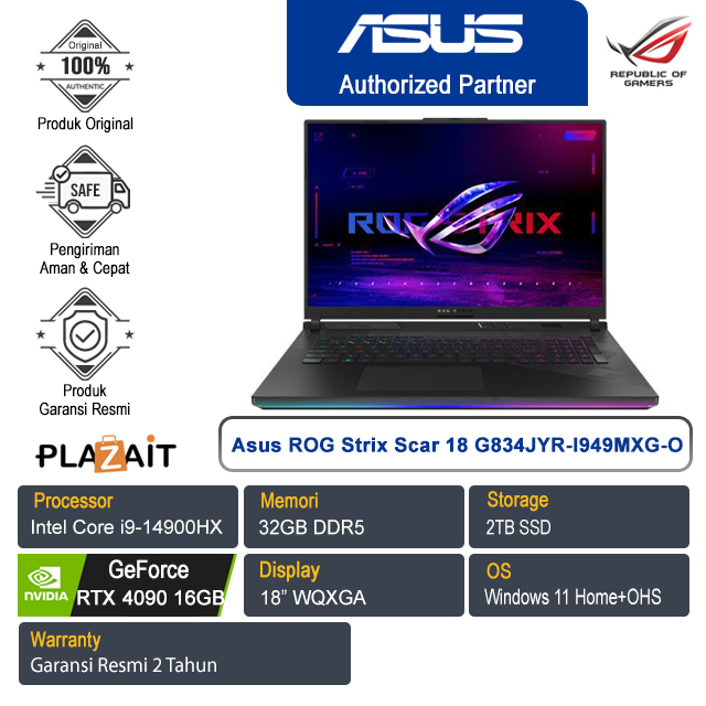 Asus ROG Strix Scar 18 G834JYR-I949MXG-O /Intel Core i9-14900HX/32GB/2TB SSD/NVIDIA GeForce RTX 4090 16GB/18" WQXGA/Win 11 Home+OHS /Off Black/2Y