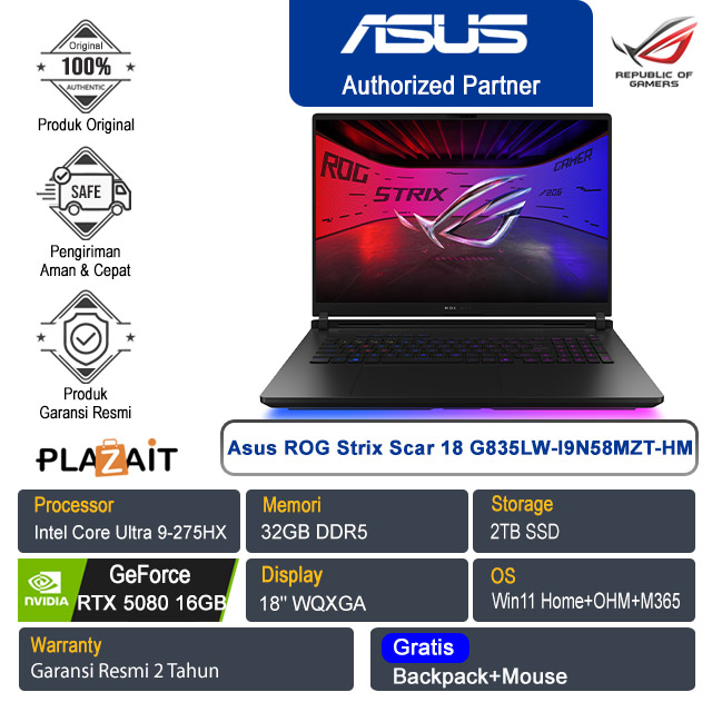 Asus ROG Strix Scar 18 G835LW-I9N58MZT-HM /Intel Core Ultra 9-275HX/32GB/2TB SSD/NVIDIA GeForce RTX 5080 16GB/18"WQXGA/Win 11 Home+OHM+M365/Off Black/2Y
