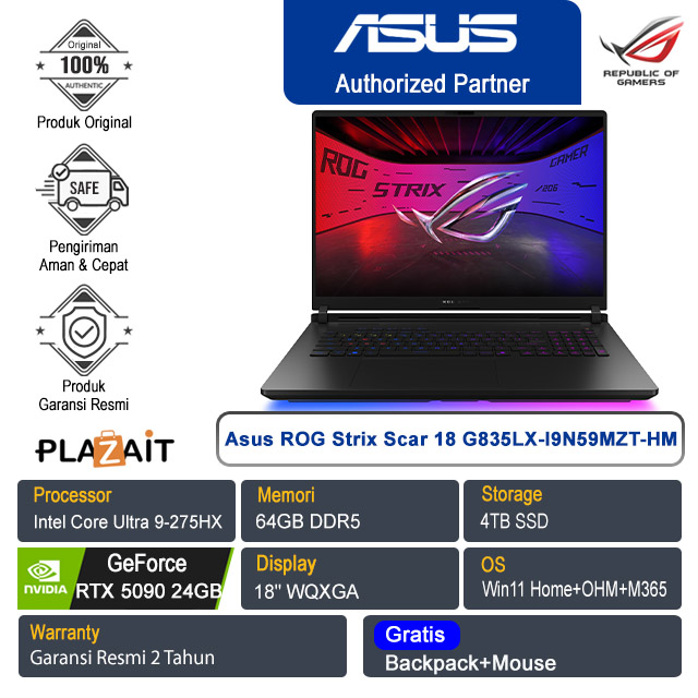 Asus ROG Strix Scar 18 G835LX-I9N59MZT-HM /Intel Core Ultra 9-275HX/64GB/4TB SSD/NVIDIA GeForce RTX 5090 24GB/18"WQXGA/Win 11 Home+OHM+M365/Off Black/2Y