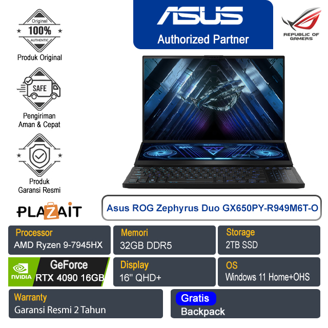 Asus ROG Zephyrus Duo 16 GX650PY-R949M6T-O/AMD Ryzen 9-7945HX/32GB/2TB SSD/NVIDIA GeForce RTX 4090 16GB/16″ QHD+/Win 11 Home+OHS 2021/Black/2Y