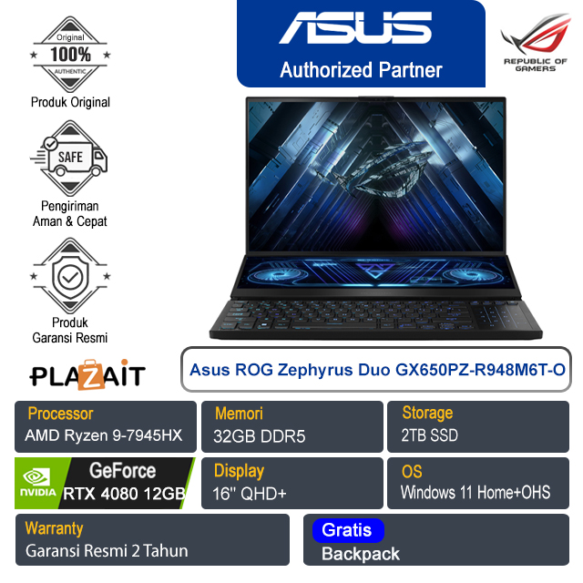 Asus ROG Zephyrus Duo 16 GX650PZ-R948M6T-O/AMD Ryzen 9-7945HX/32GB/2TB SSD/NVIDIA GeForce RTX 4080 12GB/16″ QHD+/Win 11 Home+OHS/Black/2Y