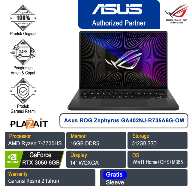 Asus ROG Zephyrus G14 GA402NJ-R735A6G-OM /AMD Ryzen 7-7735HS/16GB/512GB SSD/NVIDIA GeForce RTX 3050 6GB/14″ WQXGA/Win 11 Home+OHS+M365/Eclipse Gray/2Y